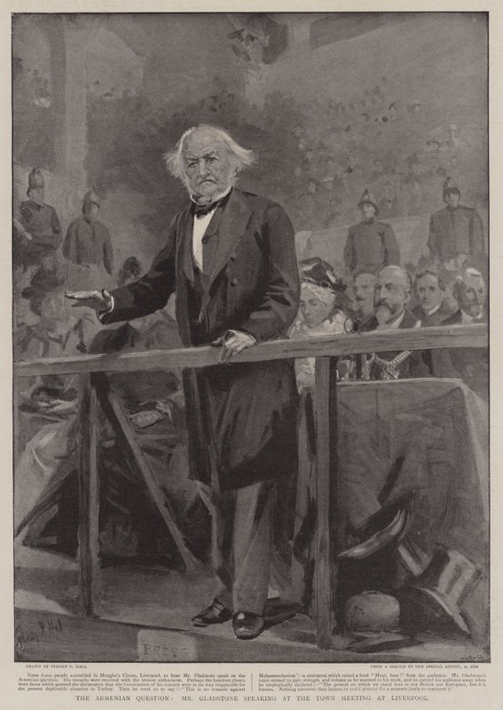 Une question arménienne, M. Gladstone parlant à la réunion de la ville à Liverpool - Sydney Prior Hall
