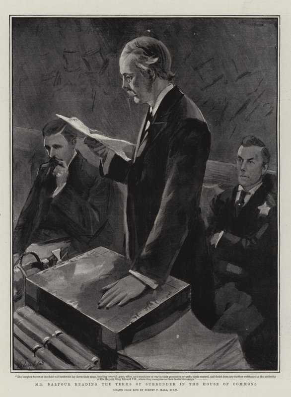 M. Balfour lisant les termes de la reddition à la Chambre des communes - Sydney Prior Hall