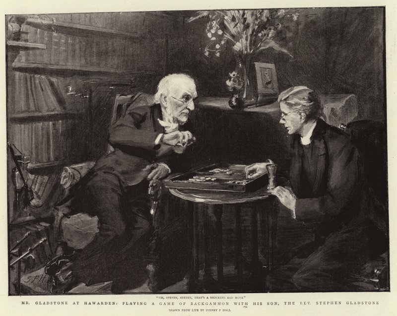 M. Gladstone à Hawarden, jouant une Partie de Backgammon avec son Fils, le Révérend Stephen Gladstone - Sydney Prior Hall