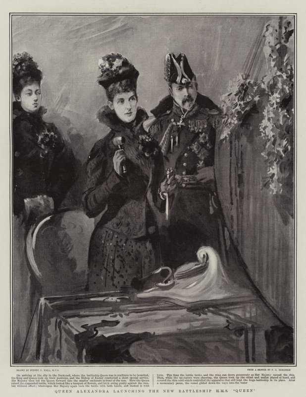 La reine Alexandra lançant le nouveau cuirassé HMS Queen - Sydney Prior Hall