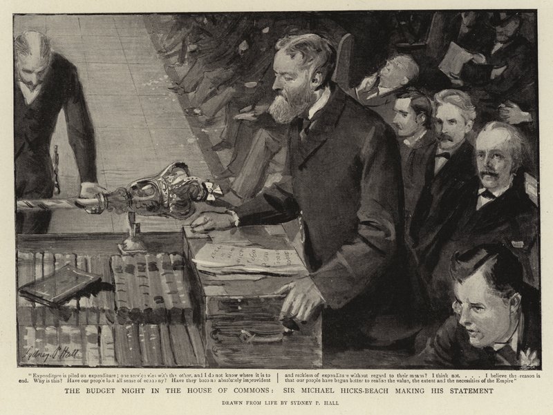 La nuit du budget à la Chambre des communes, Sir Michael Hicks-Beach faisant sa déclaration - Sydney Prior Hall