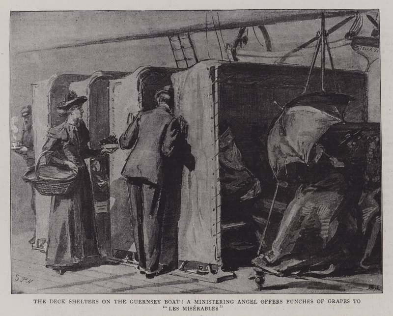 Les abris de pont sur le bateau de Guernesey, un ange bienveillant offre des grappes de raisin aux misérables - Sydney Prior Hall