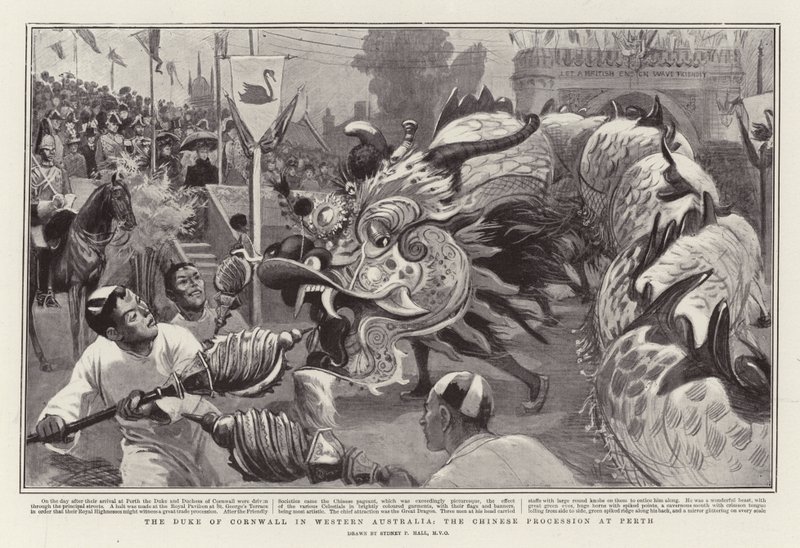 Le duc de Cornouailles en Australie occidentale, la procession chinoise à Perth - Sydney Prior Hall