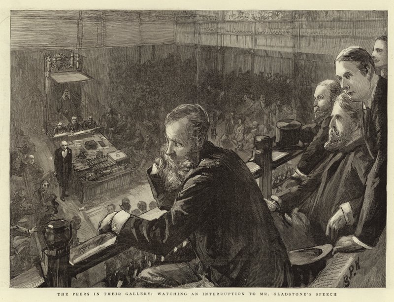 Les pairs dans leur galerie, regardant une interruption du discours de M. Gladstone - Sydney Prior Hall