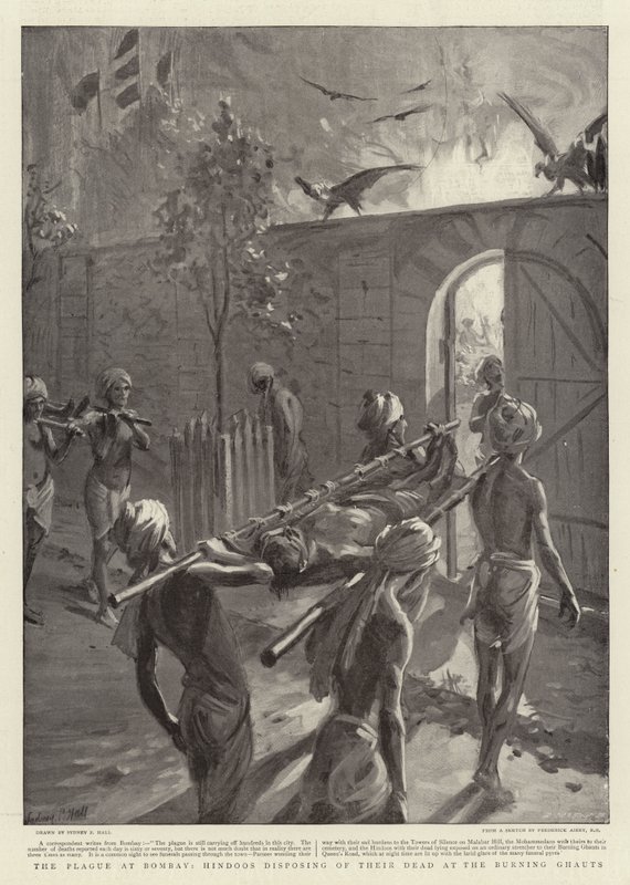 La peste à Bombay, les hindous disposant de leurs morts aux ghats de crémation - Sydney Prior Hall