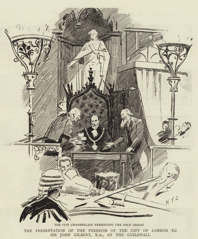 La présentation de la liberté de la ville de Londres à Sir John Gilbert, RA, au Guildhall - Sydney Prior Hall