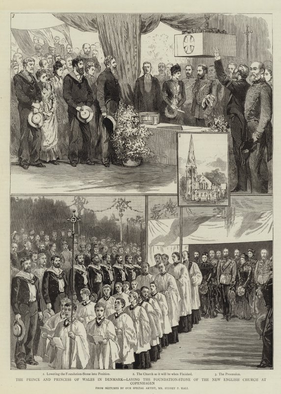 Le Prince et la Princesse de Galles au Danemark, posant la première pierre de la nouvelle église anglaise à Copenhague - Sydney Prior Hall