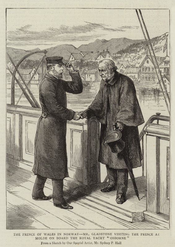 Le Prince de Galles en Norvège, M. Gladstone visitant le Prince à Molde à bord du yacht royal Osborne - Sydney Prior Hall
