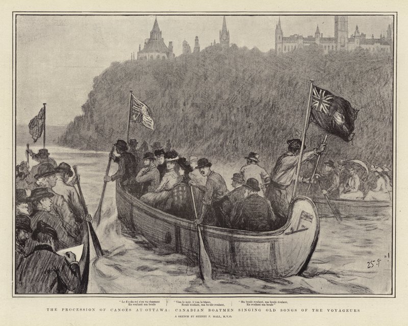 La procession des canoës à Ottawa, les bateliers canadiens chantant de vieilles chansons des voyageurs - Sydney Prior Hall