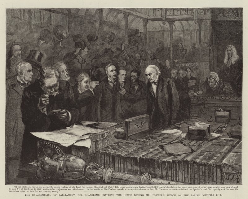 La réouverture du Parlement, M. Gladstone entrant dans la Chambre pendant le discours de M. Fowler sur le projet de loi des conseils paroissiaux - Sydney Prior Hall