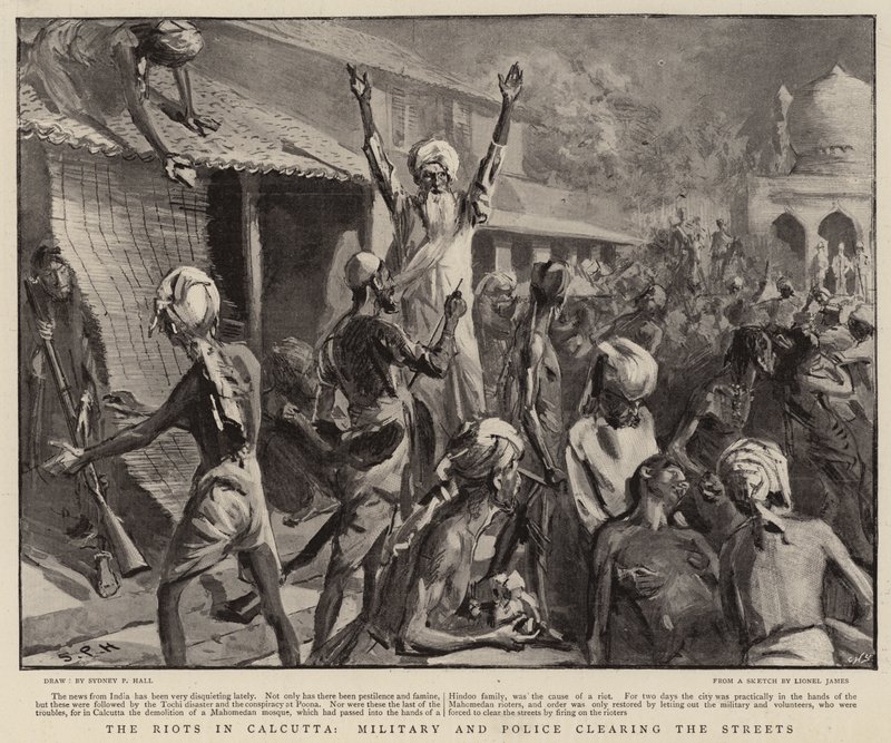 Les émeutes à Calcutta, militaires et policiers nettoyant les rues - Sydney Prior Hall