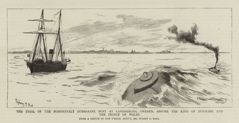 Le procès du sous-marin Nordenfelt à Landskrona, Suède, devant le roi du Danemark et le prince de Galles - Sydney Prior Hall