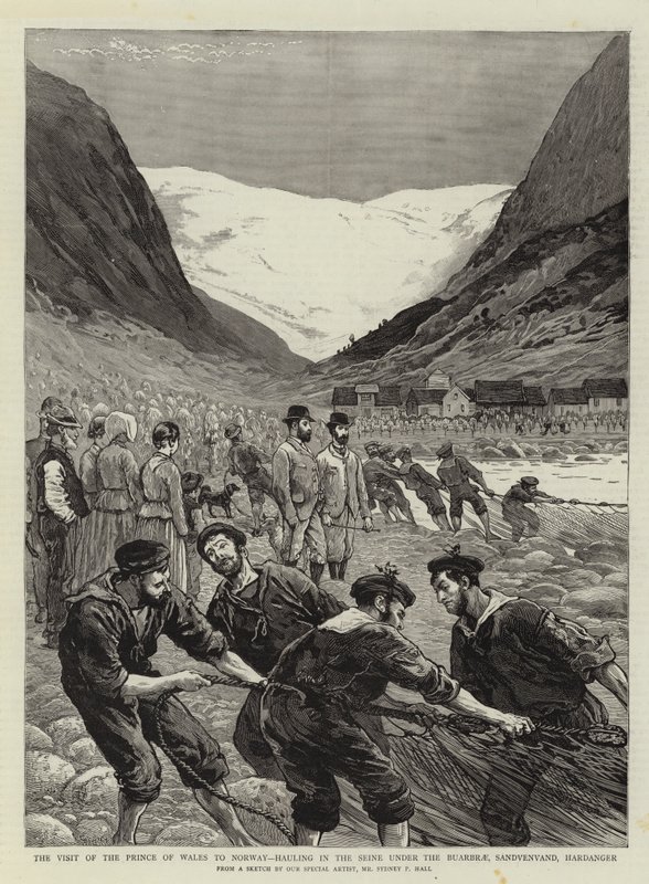 La visite du prince de Galles en Norvège, tirant la Seine sous le Buarbrae, Sandvenvand, Hardanger - Sydney Prior Hall