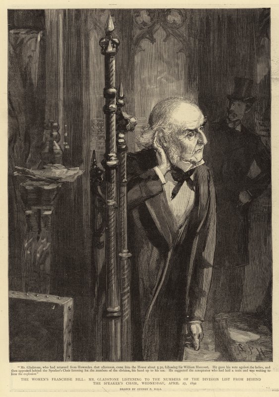 Le projet de loi sur le droit de vote des femmes, M. Gladstone écoutant les résultats de la liste de division derrière le fauteuil du président, mercredi 27 avril 1892 - Sydney Prior Hall