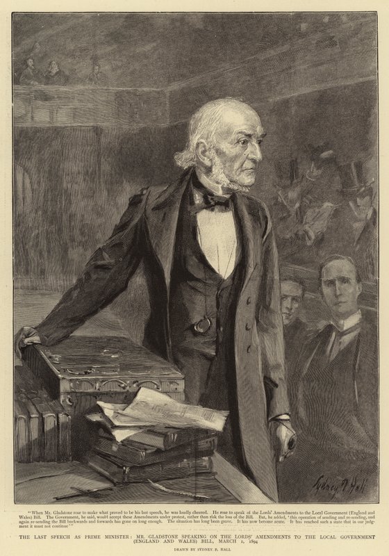 Le Dernier Discours en tant que Premier Ministre, M. Gladstone parlant des Amendements des Lords au Projet de Loi sur le Gouvernement Local (Angleterre et Pays de Galles), 1er mars 1894 - Sydney Prior Hall