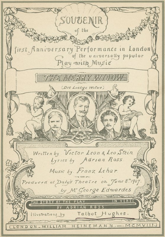 Page de titre du Souvenir de la première représentation anniversaire à Londres de La Veuve Joyeuse - Talbot Hughes