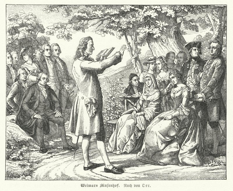 La Cour des Muses de Weimar : le poète et dramaturge allemand Friedrich Schiller lisant au château de Tiefurt, avec Christoph Martin Wieland, Johann Wolfgang Goethe et Johann Gottfried Herder parmi les auditeurs (gravure) - Theobald Reinhold von Oer