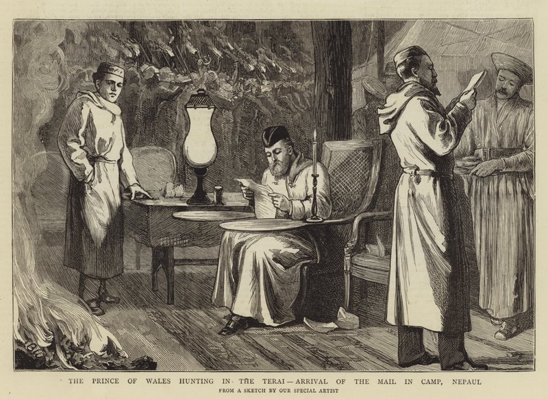 Le Prince de Galles chassant dans le Terai, arrivée du courrier au camp, Népal - Theodore Blake Wirgman