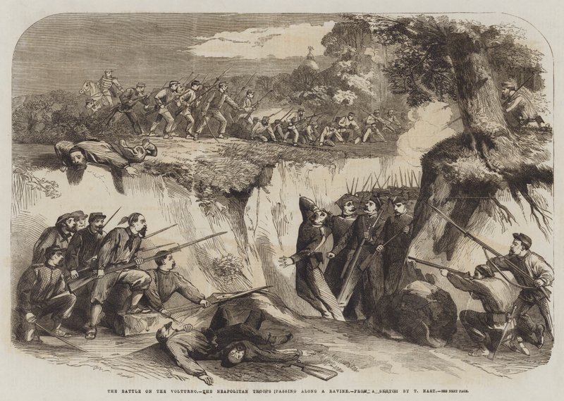 La bataille sur le Volturno, les troupes napolitaines passant par un ravin - Thomas Nast