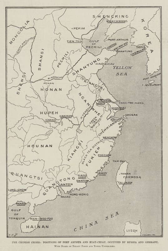 La crise chinoise, positions de Port Arthur et Kiau-Chiau, occupées par la Russie et l