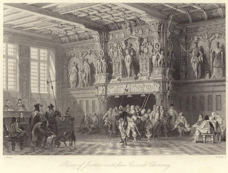 Palais de Justice, avec belle cheminée sculptée, Bruges (gravure) - Thomas (after) Allom