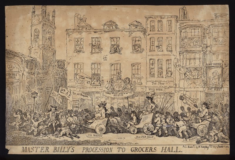 Procession de Maître Billy à Grocers Hall ; Satire politique sur la procession de William Pitt le Jeune à Grocers Hall pour recevoir la liberté de la ville de Londres - Thomas (after) Rowlandson
