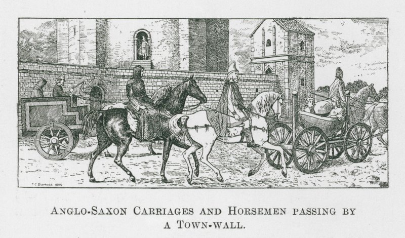 Carrosses et cavaliers anglo-saxons passant devant un mur d
