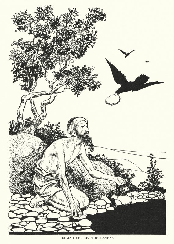 Élie nourri par les corbeaux (litho) - Thomas Heath Robinson
