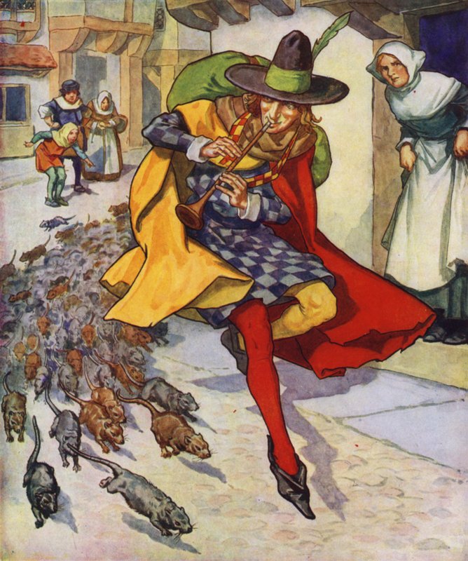 Illustration pour Le joueur de flûte de Hamelin (lithographie couleur) - Thomas Heath Robinson