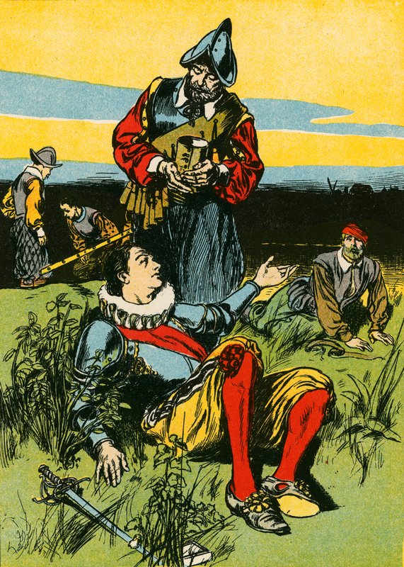 Sir Philip Sidney et le soldat mourant (lithographie couleur) - Thomas Heath Robinson