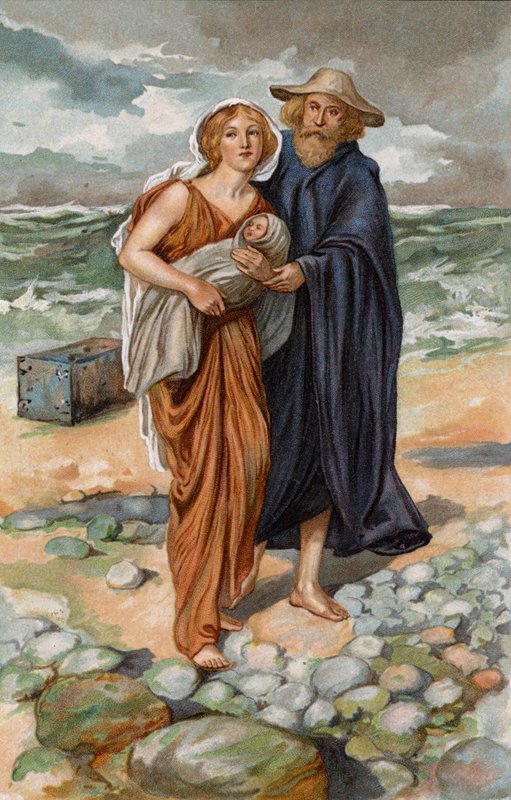 Danaé, consolée, rentra chez elle avec Dictys, le bon pêcheur (chromolitho). - Thomas Heath Robinson