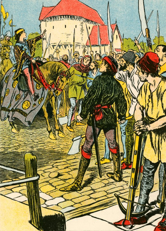 Le jeune roi Richard met fin à la rébellion (lithographie couleur) - Thomas Heath Robinson
