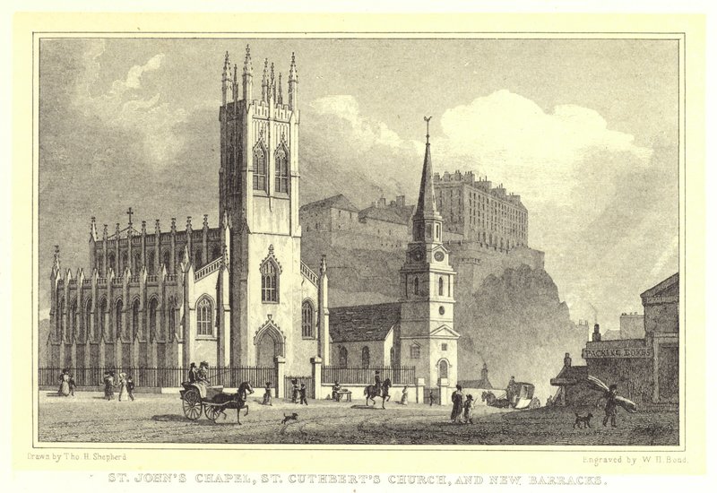 Chapelle Saint-Jean, église Saint-Cuthbert et nouvelles casernes (gravure) - Thomas Hosmer (after) Shepherd