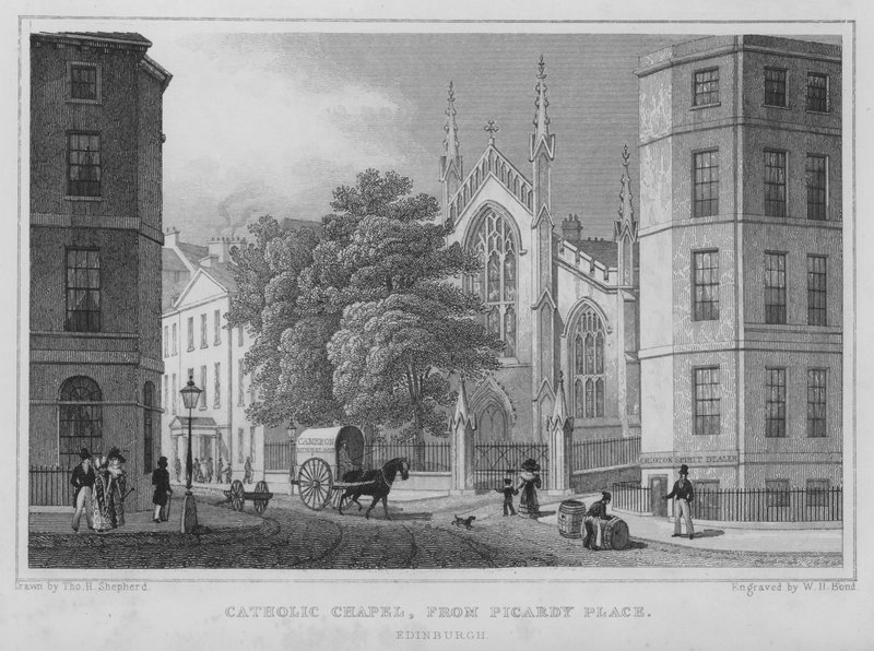 Chapelle catholique, depuis Picardy Place, Édimbourg (gravure) - Thomas Hosmer Shepherd