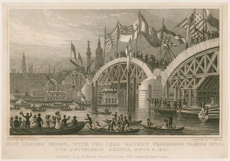 Construction du nouveau pont de Londres, 9 novembre 1827 - Thomas Hosmer Shepherd