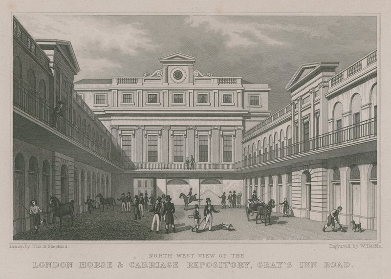Vue nord-ouest du dépôt de chevaux et de voitures de Londres, Gray