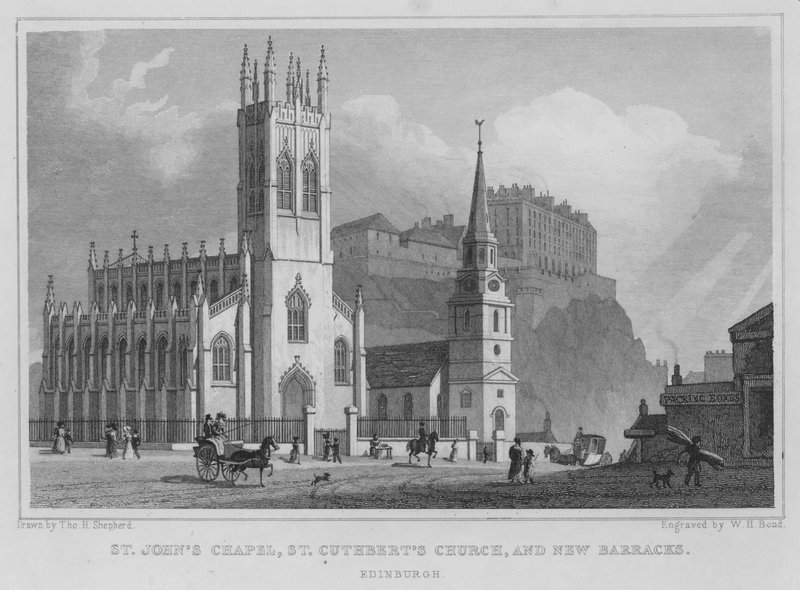 Chapelle St John, église St Cuthbert et nouvelles casernes, Édimbourg (gravure) - Thomas Hosmer Shepherd