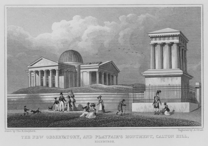 Le nouvel observatoire et le monument de Playfair, Calton Hill, Édimbourg (gravure) - Thomas Hosmer Shepherd