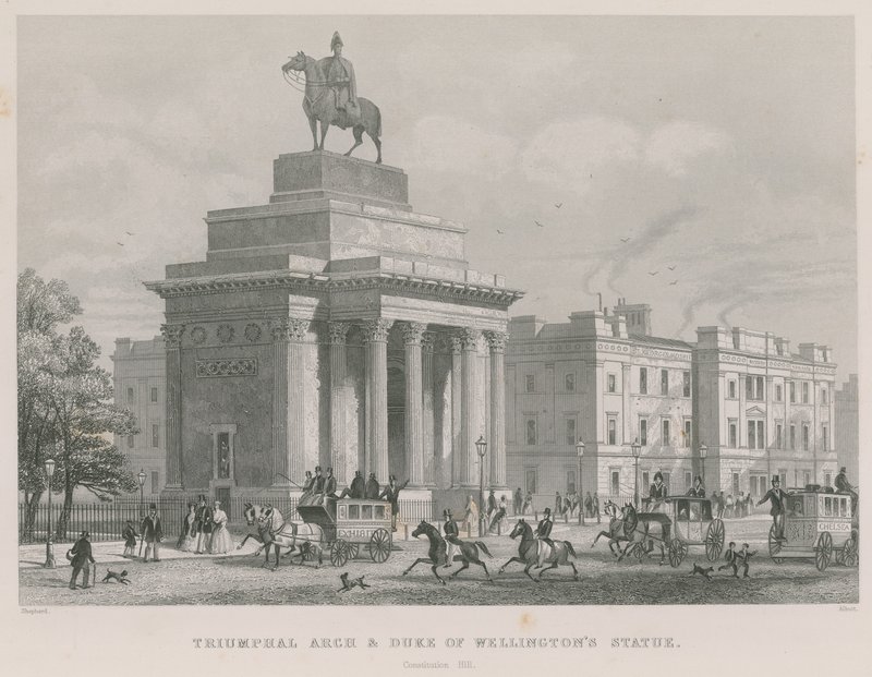 Arc de triomphe et statue du duc de Wellington, Constitution Hill, Hyde Park, Londres - Thomas Hosmer Shepherd