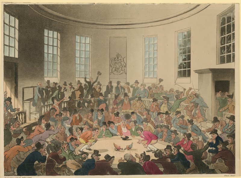 Illustration représentant une foule regardant un combat de coqs - Thomas Rowlandson