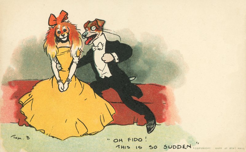 Chiens habillés en couple romantique (lithographie en couleur) - Tom Browne
