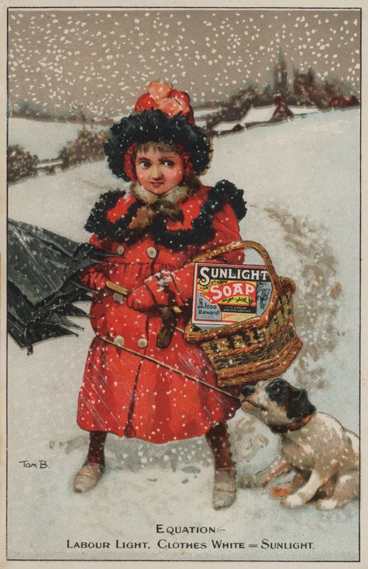Fille rentrant chez elle dans la neige : publicité pour le savon Sunlight (chromolithographie) - Tom Browne