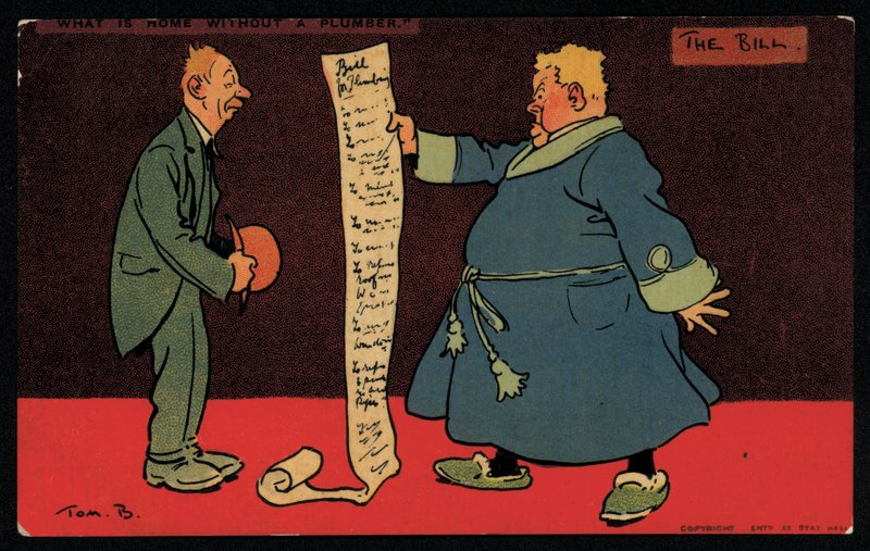 Homme lisant une longue facture de son plombier (chromolithographie) - Tom Browne