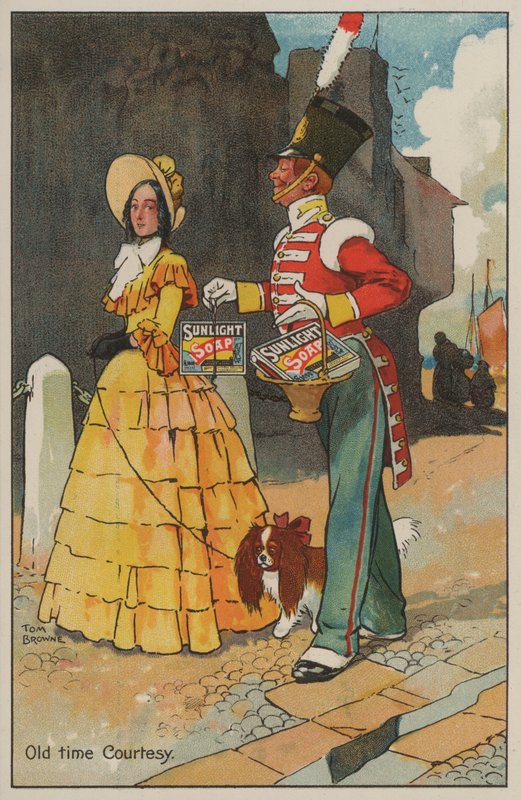 Soldat et femme en robe géorgienne : publicité pour le savon Sunlight (lithographie en couleur) - Tom Browne