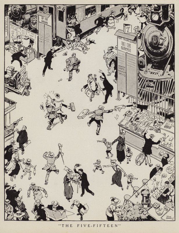 Les navetteurs se précipitant pour attraper le train de 17h15 sur le point de quitter la gare (lithographie) - Tony Sarg