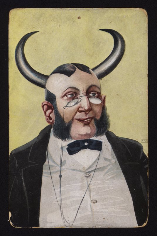 Homme avec des cornes de diable ou de démon (lithographie en couleur) - Josef Eberz