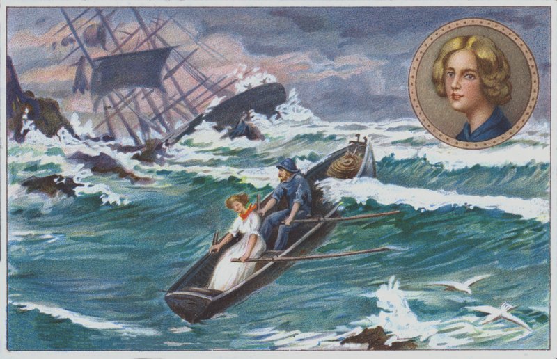Grace Darling part à la rame avec son père pour secourir les survivants du navire naufragé, le "Forfarshire" en 1838. (chromolitho) - Unknown artist