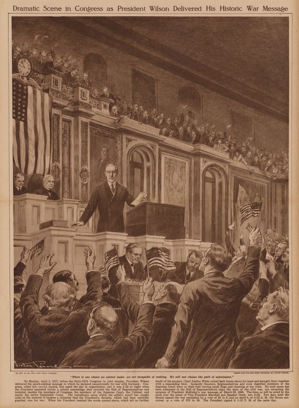 Le président américain Woodrow Wilson demandant au Congrès de déclarer la guerre à l