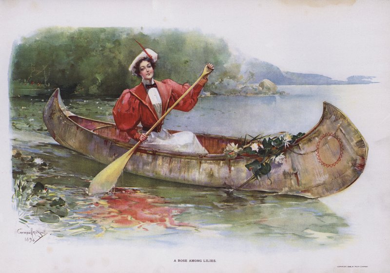 Une rose parmi les lys : femme cueillant des nénuphars depuis un canoë - Walter Granville Smith
