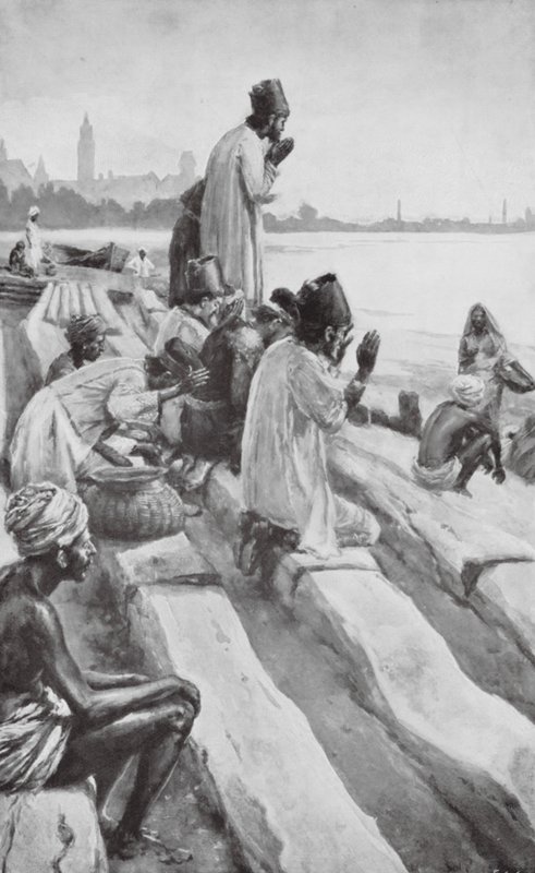 Parsis adorant le soleil levant sur la plage de Bombay - Walter Paget